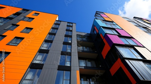 Modern multi-story building with vibrant orange, gray, and purple exterior panels against a blue sky.