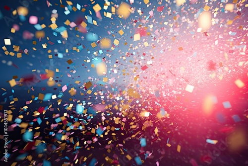 Colored confetti flying on blue background