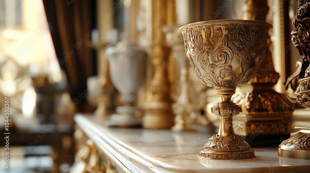 Luxurious golden goblet atop a marble table, surrounded by intricate, opulent decor, symbolizing high status and refinement Luxurious golden goblet atop a marble table, surrounded by intricate, opulent decor, symbolizing high status and refinement