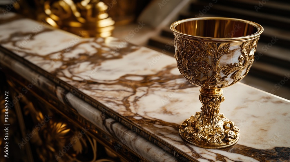 Fototapeta premium Ornate golden goblet resting on a polished marble table, framed by opulent decor, exuding wealth, elegance, and refinement