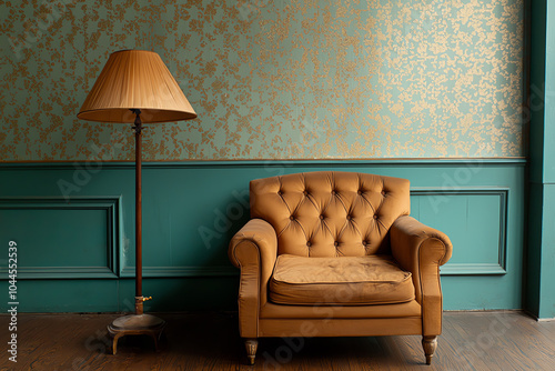 Cozy vintage living room setup featuring a stylish armchair and elegant floor lamp in warm tones photo