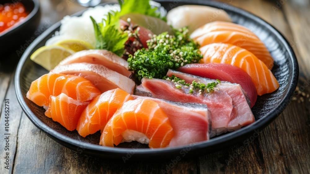 Elegant Sashimi Selection on Wooden Dining Table Elegant Sashimi Selection on Wooden Dining Table