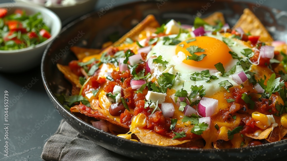 Delicious Mexican Breakfast Nachos with Fried Egg Cheese Salsa and Onions Delicious Mexican Breakfast Nachos with Fried Egg Cheese Salsa and Onions