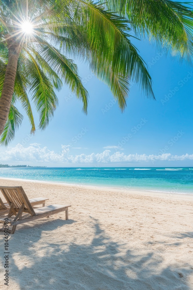 sea beach with palm tree, loungers on bright sun ray and blue sky on background sea beach with palm tree, loungers on bright sun ray and blue sky on background