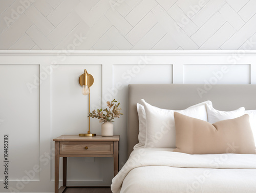 Living room interior in modern minimalist style with wooden panneling. Neutral and light colors interior with wood wall panels. Wood panneling walls.
