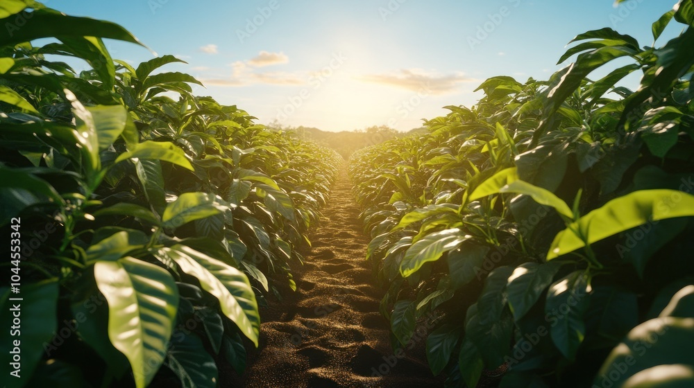 Obraz premium A path through a lush coffee plantation with the sun shining through the leaves.