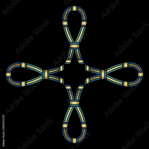 Square cross shape design with four Sa signs. Ancient Egyptian protective symbols. Ethnic good luck charm. Blue and gold on black background.