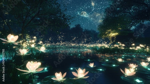 Enchanting Celestial Lotus Garden Under Starry Night Sky