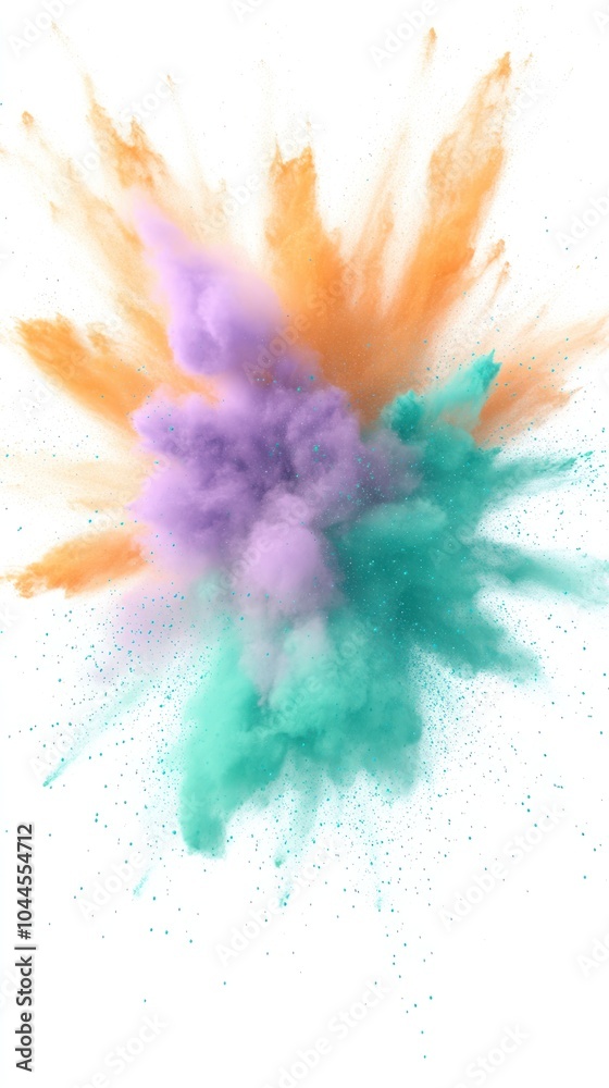 Obraz premium A colorful explosion of powder in shades of orange, purple, and teal against a white background.