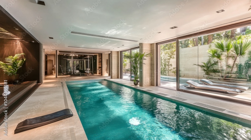 Spacious gym connected to a spa swimming pool, blending fitness and relaxation in a modern home. Spacious gym connected to a spa swimming pool, blending fitness and relaxation in a modern home.