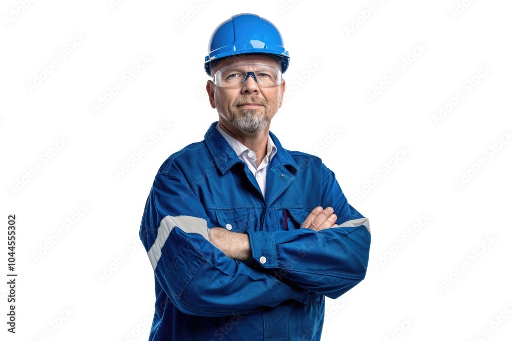 Middle aged engineer in blue helmet standing with crossed arms. Middle aged engineer in blue helmet standing with crossed arms.