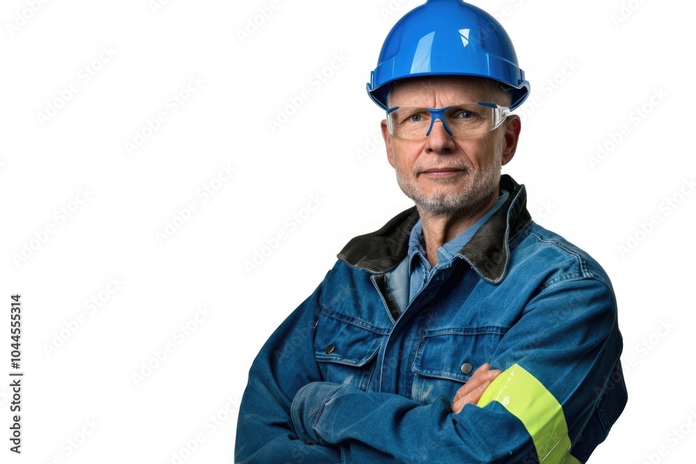 Middle aged engineer in blue helmet standing with crossed arms. Middle aged engineer in blue helmet standing with crossed arms.