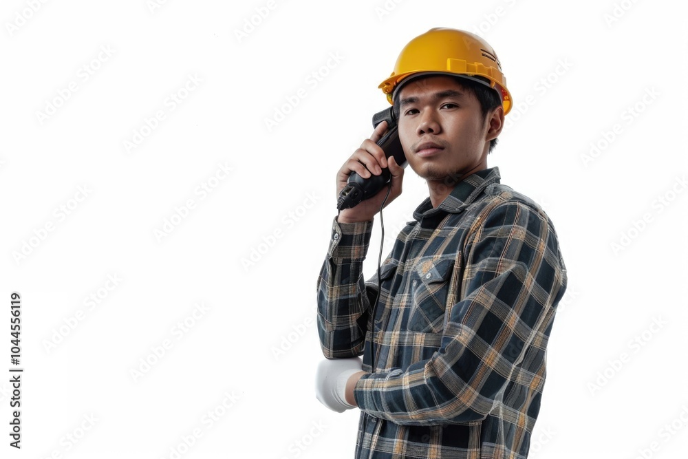Asian engineer in helmet using radio  isolated on white background.