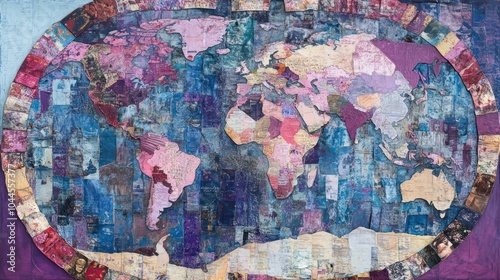 A colorful world map collage showcasing diverse regions and cultures.