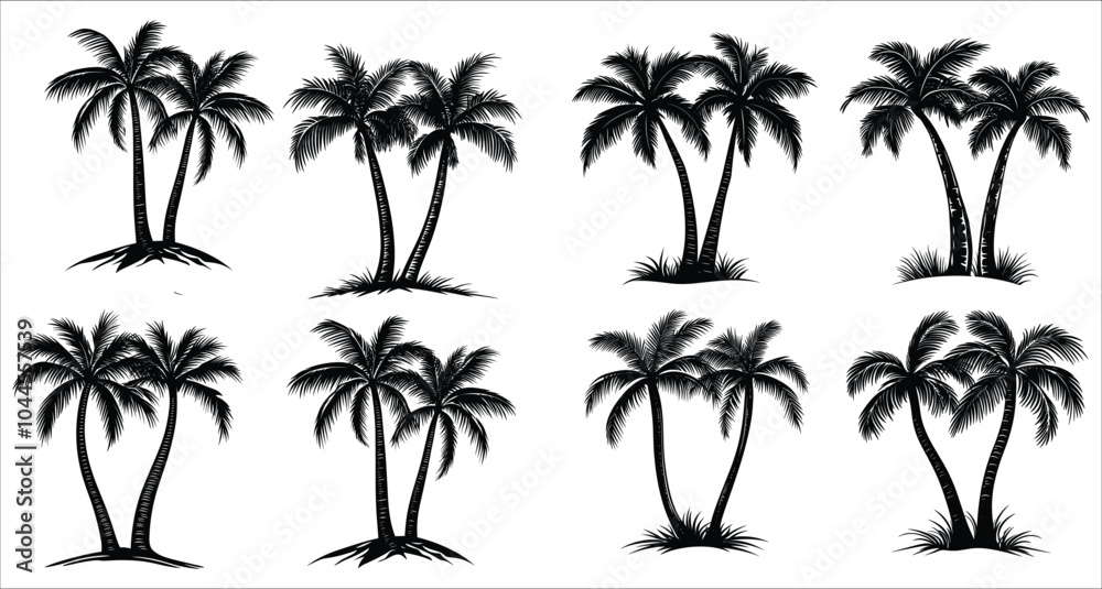 Fototapeta premium Tropical palm tree silhouettes vector design. Vector set of palm tree silhouettes. Beautiful palm tree silhouettes vector art. Palm tree silhouettes for summer designs 