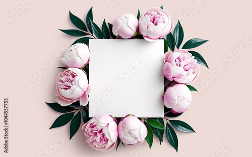  a minimalist composition featuring a blank square canvas or card surrounded by an arrangement of lush, vibrant floral elements.  photo