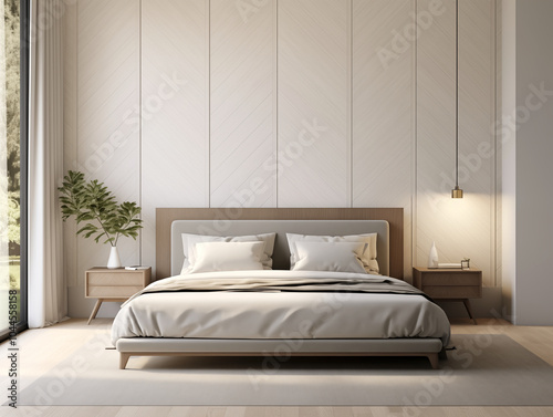 Living room interior in modern minimalist style with wooden panneling. Neutral and light colors interior with wood wall panels. Wood panneling walls.
