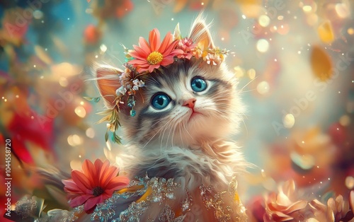 A delightful kitten elegantly adorned in a flowing dress with intricate details and a bright flower on her head, standing poised against a dreamy backdrop
