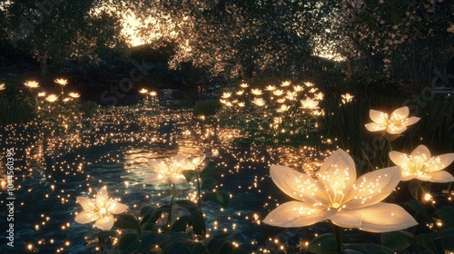 Ethereal Celestial Jasmine Garden Aglow With Captivating Luminous Blooms and Suspended Lights