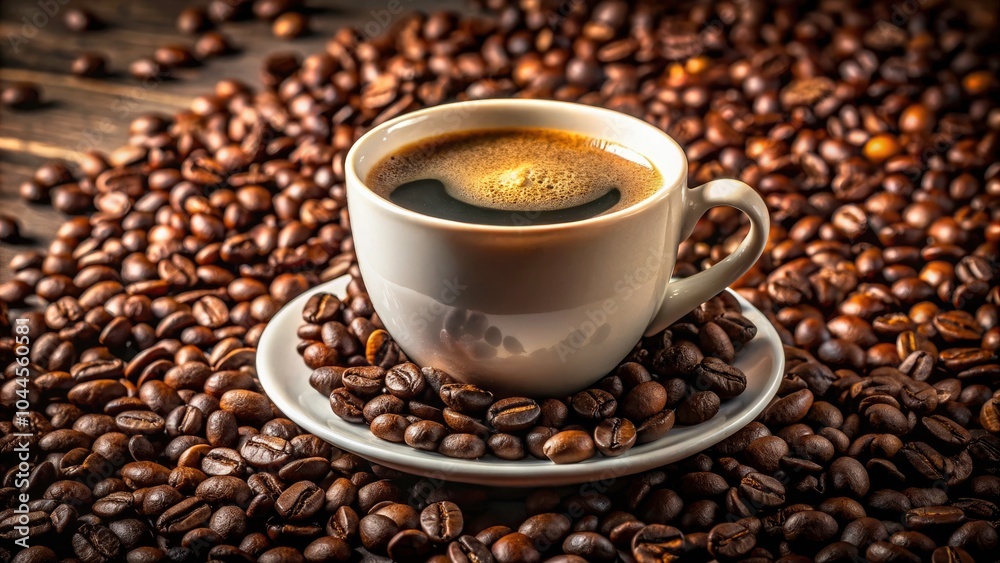 Fototapeta premium Dark Coffee in a White Cup with Coffee Beans on Top - Captivating Food Photography, Rich Aroma, Gourmet Coffee Experience, Coffee Lovers Delight, Perfect Brew, Morning Ritual, Elegant Presentation