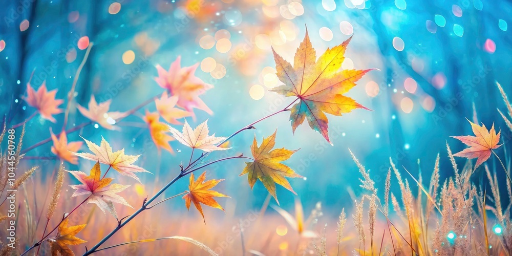 Delicate Maple Leaves and Silver Grass in Low Light: A Watercolor-Inspired Aqua Blue and Yellow-Pink Landscape Delicate Maple Leaves and Silver Grass in Low Light: A Watercolor-Inspired Aqua Blue and Yellow-Pink Landscape