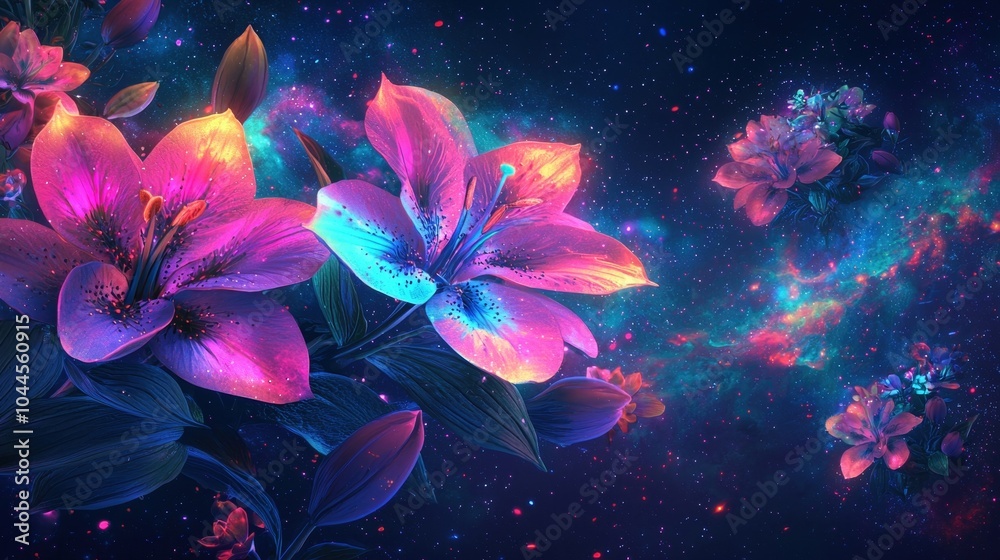 Enchanting Floral Aurora Borealis Night Sky with Glowing Cosmic Blooms Enchanting Floral Aurora Borealis Night Sky with Glowing Cosmic Blooms