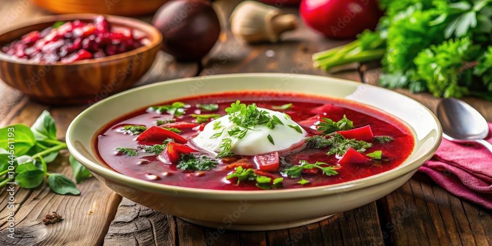 Delicious Plate of Borscht with Bokeh Effect, Rich Colors, Warm Lighting, Garnished with Sour Cream and Fresh Herbs, Traditional Eastern European Delicious Plate of Borscht with Bokeh Effect, Rich Colors, Warm Lighting, Garnished with Sour Cream and Fresh Herbs, Traditional Eastern European
