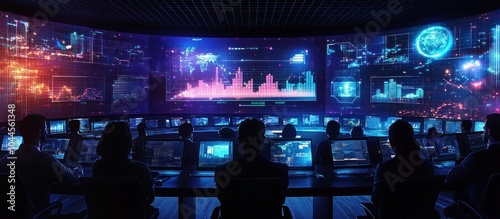 Wallpaper Mural Silhouetted group of people in a futuristic control room looking at a large screen showing data and charts. Torontodigital.ca