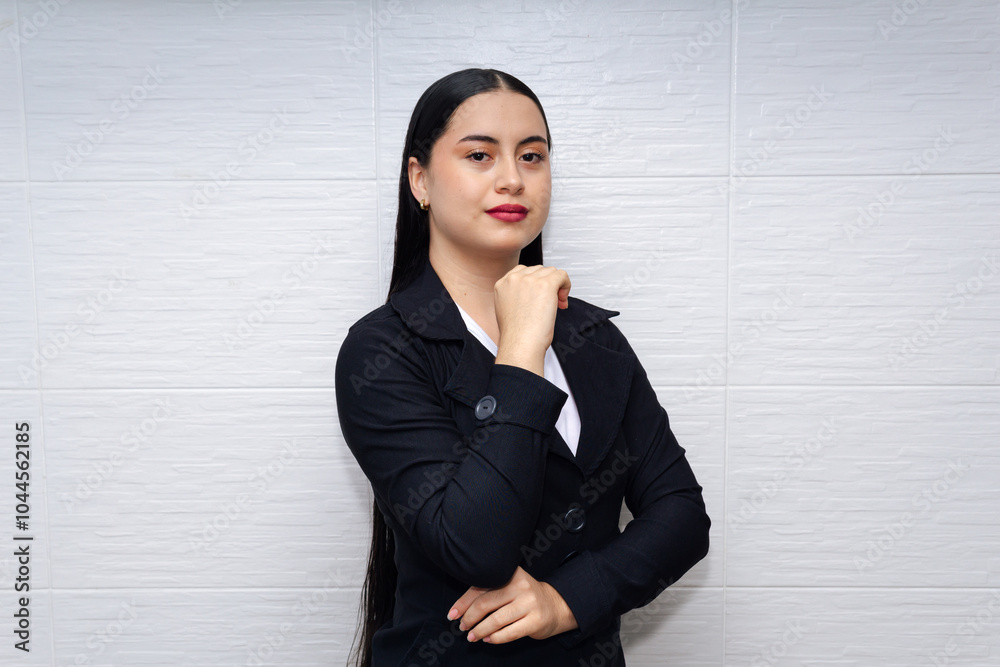 Business woman in black blazer looking at camera on white background. Enterprising girl, girl power. Business woman in black blazer looking at camera on white background. Enterprising girl, girl power.