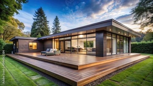 Modern single story house with large windows and a wooden deck