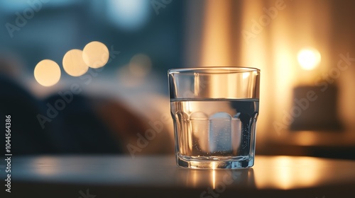 Cozy evening atmosphere with a glass of water on a table, surrounded by warm, soothing bokeh lights, creating a peaceful and relaxing ambiance. photo