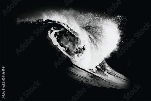 Breaking ocean wave isolated on dark background. Water splashes. Black and white illustration	