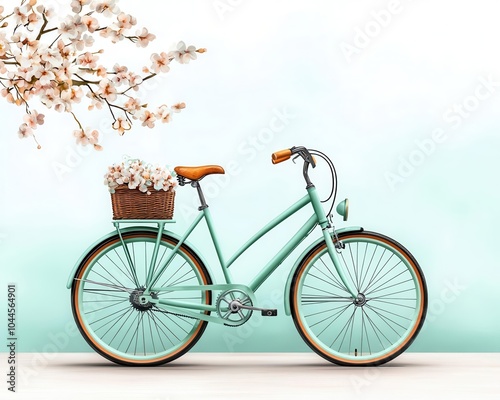 Charming mint bicycle adorned with flowers, set against a soft pastel backdrop, perfect for springtime vibes. photo