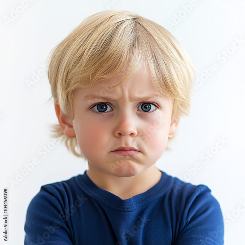 A blonde little boy in blue t-shirt with angry expression. Close-up portrait of little boy isolated on white background.