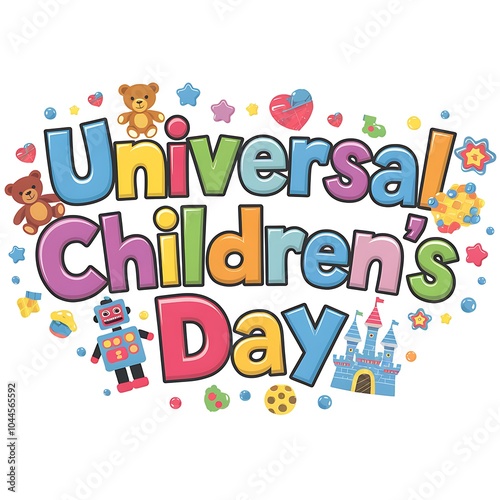 Colorful Illustration of Universal Children's Day with Toys and Stars