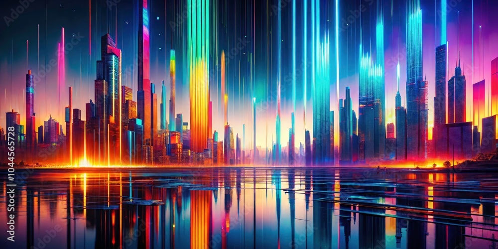 Futuristic Glitch Landscape with Vertical Stripes and Cyberpunk Distortions in Bright Chaos Visualization Futuristic Glitch Landscape with Vertical Stripes and Cyberpunk Distortions in Bright Chaos Visualization
