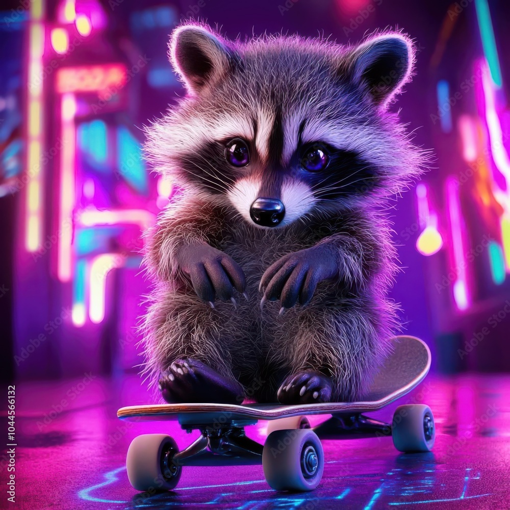Fototapeta A cute raccoon sitting on a skateboard in a vibrant neon city, showcasing playful charm and urban adventure.