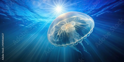 Moon jellyfish swimming in clear sea water under sunlight, high angle view