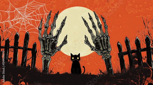 Illustration of two skelleton hands rising from the ground of grave yard , and a black cat has pointed fur , the background is full moon in  and orange sky. photo