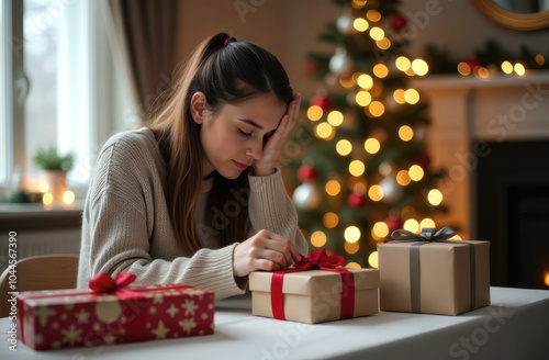 tired woman packing many gifts with sad face sitting at living room table, christmas tree in background. pre-holiday bustle and rush
