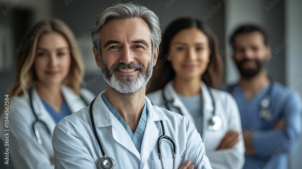 A group of doctors, led by an older, gray-haired man, all smiling confidently, dressed in white coats, exuding trust and medical authority A group of doctors, led by an older, gray-haired man, all smiling confidently, dressed in white coats, exuding trust and medical authority