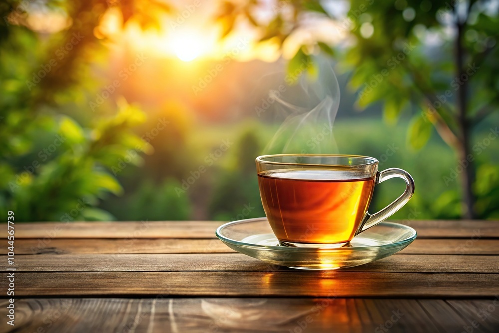 Obraz premium Morning scene with glass cup of tea reflecting on wooden surface