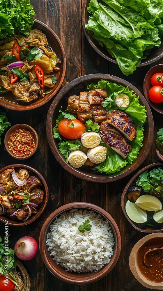 Traditional Asian Food Platter with Rice, Meat, Vegetables, and Sauces Traditional Asian Food Platter with Rice, Meat, Vegetables, and Sauces