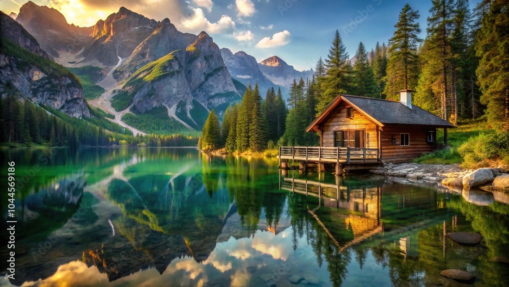 Fototapeta premium mountain cabin by lake with beautiful depth of field