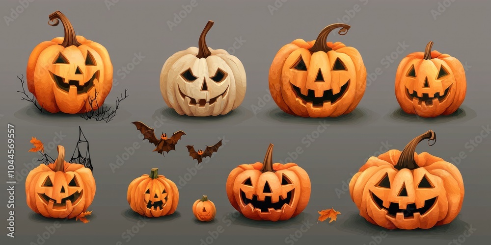 A set of vector pumpkins with different shapes and sizes, including a jack o' lantern, placed on a transparent background. A set of vector pumpkins with different shapes and sizes, including a jack o' lantern, placed on a transparent background.