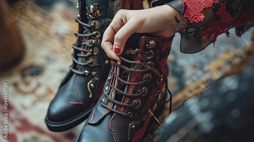 Woman Tying the Laces of Stylish Black Leather Boots with Gold Accents