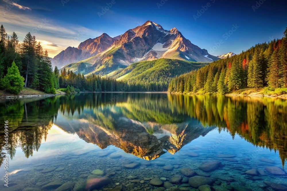 Mountain lake painting with forced perspective Mountain lake painting with forced perspective