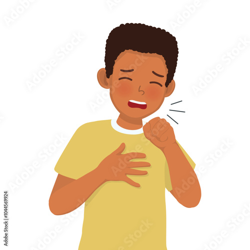 Sick young African man coughing because of cold, fever, bronchitis, asthma, allergy and respiratory diseases symptoms
