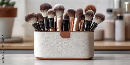 A stylish brush holder filled with various makeup brushes.