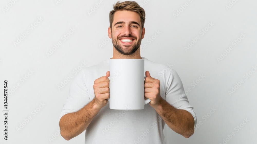 Cheerful man holding a large coffee mug, smiling on a white isolate background. Perfect for mockup and product design. Cheerful man holding a large coffee mug, smiling on a white isolate background. Perfect for mockup and product design.